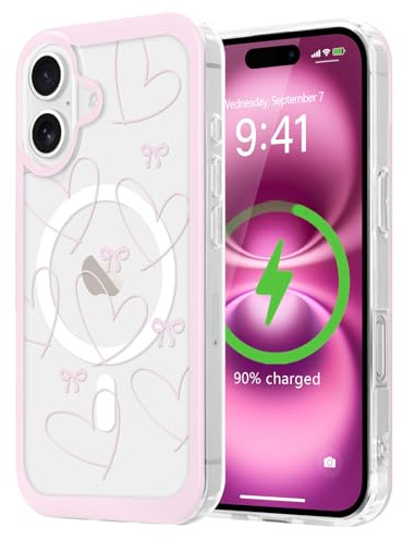 LCHULLE Magnetic for iPhone 16 Case, Cute Aesthetic Bow, Hollow Heart | Compatible with MagSafe, Clear Ribbon Girly Bowknot Phone Cover for Women Girls, Slim TPU Bumper Hard Back,Anti-Yellowing