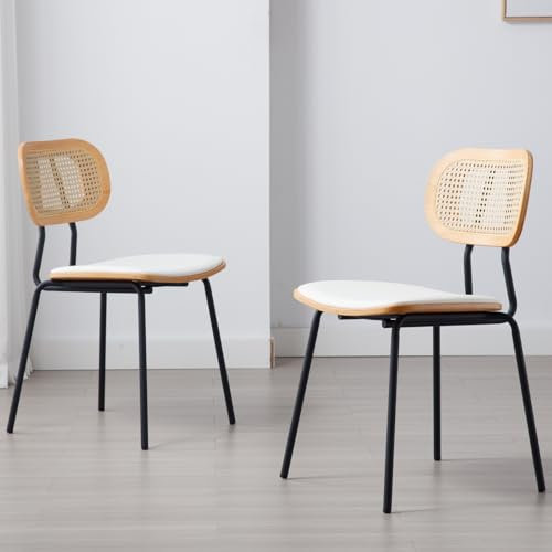 Ya-Home Rattan Esszimmerstühle 2er Set Rattanstuhl mit Metallbeinen Küchenstuhl aus Kunstleder Polsterstuhl für Esszimmer, Weiß