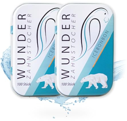 Wunder Palillos de Dientes - Caramelo de hielo - 2x 100 Palillos con sabor - Palillos de Dientes Caramelo de hielo - contra el mal aliento - aliento frescor - Limpieza dental - Paquete de 2 | 200 unidades en caja de metal, sabor intenso, aliento fresco, contra mordeduras de uñas y mal aliento, sin azúcar