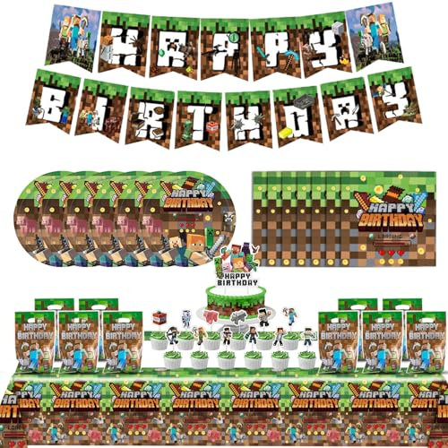 Ezydka Spiel Geburtstagsdeko Pixel Partygeschirr Set Jungen Kindergeburtstag Party Set mit Tischdecke, Partygeschirr, Servietten, Geschenktüte, Kuchen Deko, Banner für Party Supplies