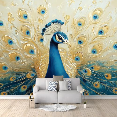 Paisley Pfau Federn Fototapete 200 X 140 Cm Blau Gold 3D Vlies Tapete Wanddeko – Moderne Wandtapete Für Wohnzimmer, Schlafzimmer, Xxl Wandbilder Stilvolle Dekoration