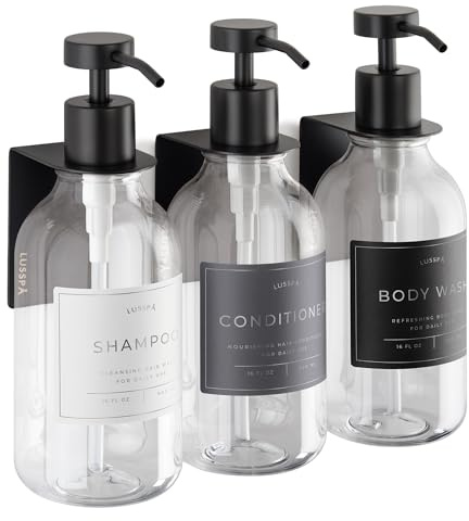 Shampoo & Conditioner Dispenser - Shower Soap Dispenser Wall Mounted - Set of 3 500 ml Plastic Bottles with Pump & Holder - Shampoo Dispenser - Shower Dispenser Chamber No Drill (3 X Clear/Black)