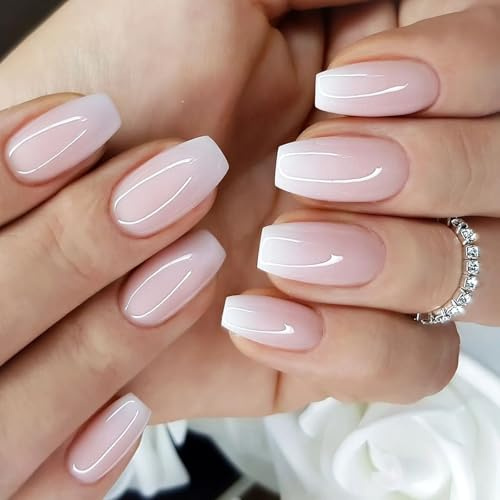 Viugex 24Pcs French Tip False Nails, Medium Coffin Pink White Gradient Press on Nails, Soft Gel Fake Nail Kit in 12 Sizes, Natural Acrylic Full Cover Stick on Nails Women Girls Nail Art Accessories