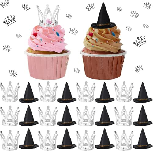 24 Piezas Decoración para Tartas Sombrero de Bruja y Corona Mini Adornos para Cupcakes Decoracion de Magdalenas para Fiestas Temáticas de Brujas Accesorios de Pastel Cumpleaños Boda Halloween