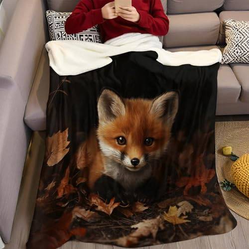 Wohndecke Warm Flauschige Kuscheldecke Herbst, Kleiner Fuchs 150 x 200 cm Weiche Flanelldecke 3D Druck Fleecedecke Sofadecke Couchdecke Bettüberwurf für Zuhause