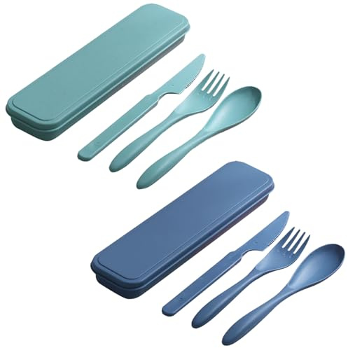 2 Pack Portable Cutlery Set, Reusable Utensils with Carrying Case, Lightweight Travel Utensils for Camping Office Picnic School Lunch, Eco Friendly Knife Fork Spoon (Blue,Green)