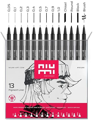 niumi Pigmentliner Professional Set - 13 tiefschwarze Fineliner | 9 Strichstärken 0.05-1.0mm & 4 Spezialspitzen | dokumentenecht, wasserfest, radierfest | Outlines, Manga, Skizzen, Lettering