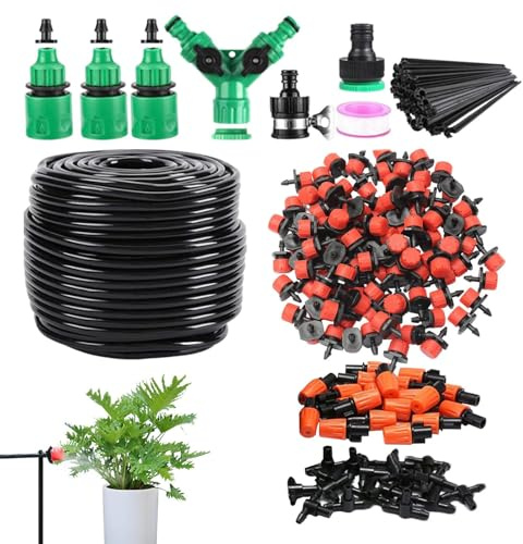 Ceprznvey Kit per Irrigazione a Goccia | 50 Metri di Tubo per Nebulizzazione,Di Irrigazione Per Giardino Con Collegamento Rapido,Per Esterno Interno Cortile Prato Aiuola Rialzata Fattoria Frutteto