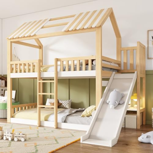 EURHCIO Lit Superposé 90x200cm,Lit Cabane 2 Personnes avec Toboggan,Étagère,Barrières Hautes,Sommier à Lattes Solide,pour Garçons Filles (Naturel)