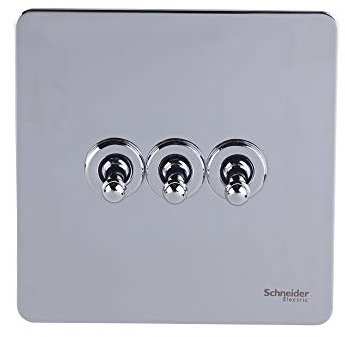 Schneider Electric Ultimate Screwless Flat Plate - 3 Gang Toggle 2 Way Light Switch, 10AX, GU1432TPC, Polished Chrome