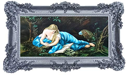 Wunderschönes Repro Barock Antik Look gerahmtes Gemälde mit Ornamentverziehrungen in den Rahmen montiert Motiv Jesus Maria Magdelena Ikonen Bild Repro 96x57cm (Silber) 75B