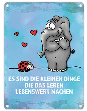 Metallschild mit Elefant & Käfer Motiv und Spruch: Es sind die kleinen Dinge...