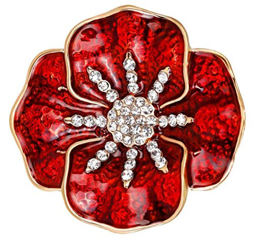 FENGJI Vintage Red Rhinestones Flower Brooches for Women Rememberance Jewellery Badge Brooch pins Red