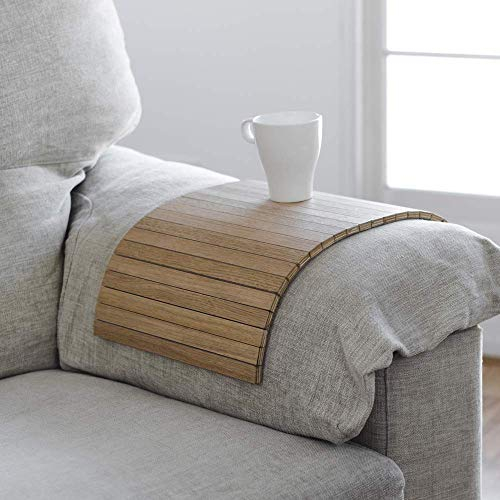 Plateau de canapé flexible - Plateau d'accoudoir de canapé flexible en bois certifié FSC - Plateau d'accoudoir antidérapant pour tasses, collations, petit-déjeuner, boissons - Finition chêne