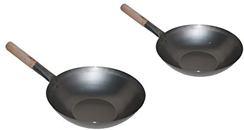 AAF Nommel ®, Wok Set bestehend aus 2 Wok, 30 + 36 cm Ø Flacher Boden Carbon Stahl für Gasherd, Gaskocher, Elektro, Induktion und Ceran geeignet
