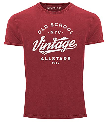 Neverless® Herren Vintage Shirt Retro Schriftzug Allstars Old School NYC Design Printshirt Used Look Slim Fit rot M