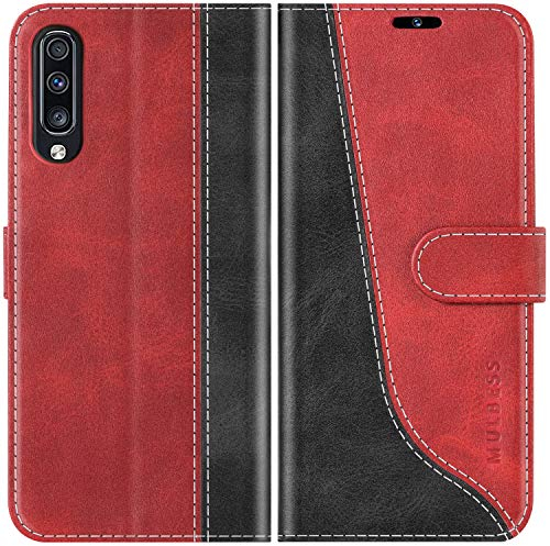Mulbess für Samsung Galaxy A70 Hülle, Handyülle Leder mit Kartenfach, Klapphülle mit Magnetverschluss, Flip Case Etui Handytasche Schutzhülle, Stilvoll Wein Rot