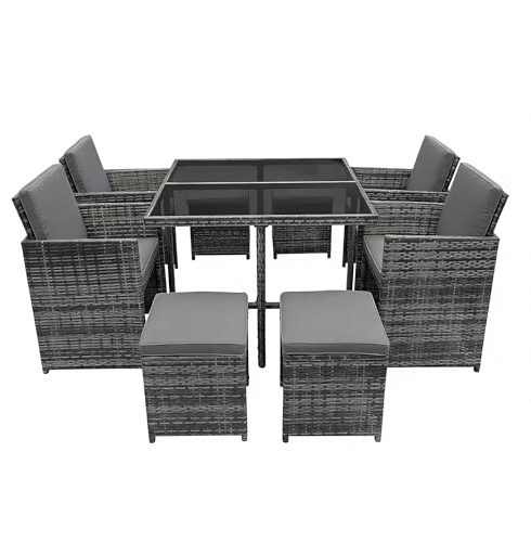 Panana 8 Seater Rattan Garden Dining Set with Table, 4 Chairs & 4 Stools, Cube Space Saving Outdoor Furniture for Patio, Conservator, Garden