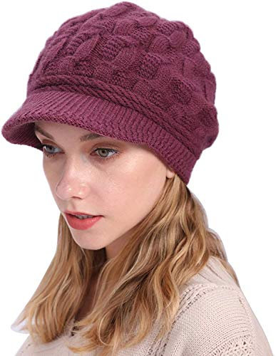DRIONO Fleece gefütterte Newsboy Cap Mütze Strickmütze mit Krempe Cloche Hut für Damen, wein, Medium