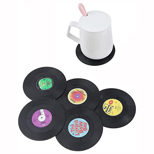 ANCLLO Set mit 12 Untersetzern, 10,4 cm, Retro-Vinyl-Schallplattenmatten, Tischsets für kalte heiße Getränke, rutschfester Tischschutz, verhindert Verrutschen