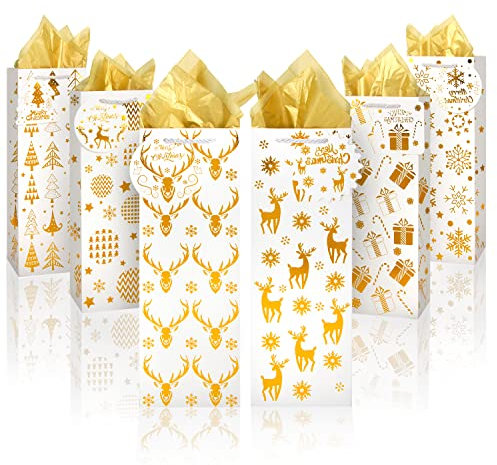 DIYASY Christmas Wine Gift Bags,12 Pcs Gold Wine Bottles Cover with Tissue Paper and Name Tags Bulk Wine Wrapping Box with Handles for Winter Holiday Xmas Gift Party Favor