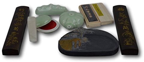 Generic Chinesische Kalligrafie Sumi-Set, Barren, Tintenstein, Jadesiegel, Briefbeschwerer, Stempelkissen-Box