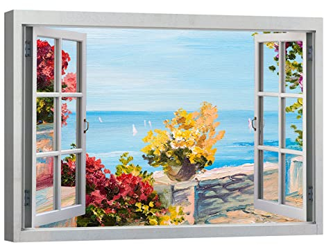 canvashop Quadri Mare Golfo Dipinto Cm 100x70 Effetto finestra aperta, panorama, stile marittimo, Tema Floreale, Stampe Su Tela Canvas, Quadro Moderno Soggiorno, Camera da Letto