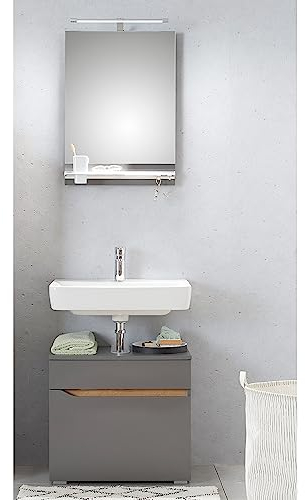 Lomadox Waschplatz Set mit Spiegel in Quarzgrau Matt Touch mit Riviera Eiche Nb., B/H/T ca. 60/190/33 cm