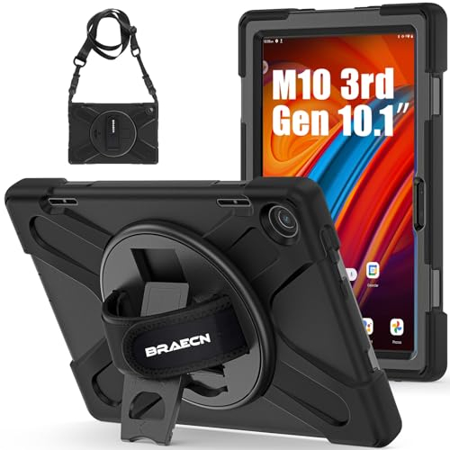 BRAECN Case for Lenovo Tab M10 3rd Gen 10.1 Inch 2022, Heavy Duty Rugged Protective Cover with 360° Rotating Kickstand & Hand Strap, Shoulder Strap for TB-328FU/TB-328XU, Black