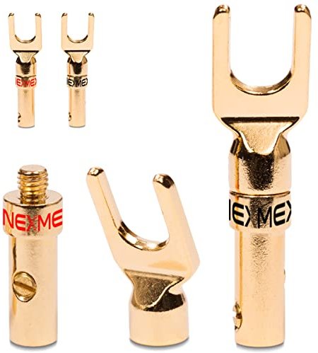 4X Kabelschuhe NEXMEX High End Stecker für Lautsprecherkabel Gabelschuhe Steckverbinder für Kabel bis 6mm² 24K vergoldet löt- oder schraubbar Flexibler Anschluss für HiFi-Boxen Verstärker Endstufen