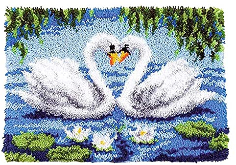 Rocky&Chao Latch Hook Rug Kit, DIY Latch Hook Swans Rug Making Kit for Adults Kids, Swans Cross Stitch Kit Carpet Making Cushion Needlework for Beginners, Home Decor, Swans 50×38 cm