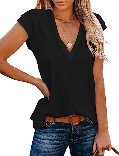iChunhua Ladies Summer Tee Shirts Cap Sleeve Tunic Tops Loose Fit V Neck Blouse Black X-Large