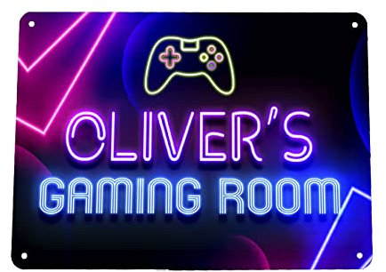 Personalised Gaming Room A4 Sign - neon effect printed teenagers video games room Gamertag A4 metal sign - gaming zone