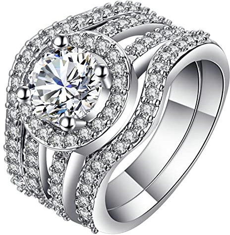 Statement Ring, Ring Zirkonia Damen 3-Teiliges Kreisförmiges Inlay mit Vier Zacken Ringe für Partyreisen Größe 60 (19.1)