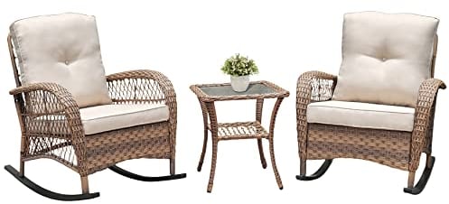 ATR ARTTOREAL 3-Pieces Garden Rocking Bistro Set,Patio Rattan Conversation Furniture Set with PE Resin Hand-woven Wicker,Set of 2 Rocking Chairs and Tempared Glass Coffee Table