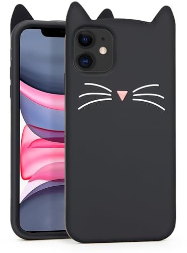 Mouzor Cute iPhone 11 Case, Black Whisker Cat Ears Funny Animals 3D Cartoon Fashion Soft Silicone Shockproof Cases Cover Skin for Girls Kids Women Children
