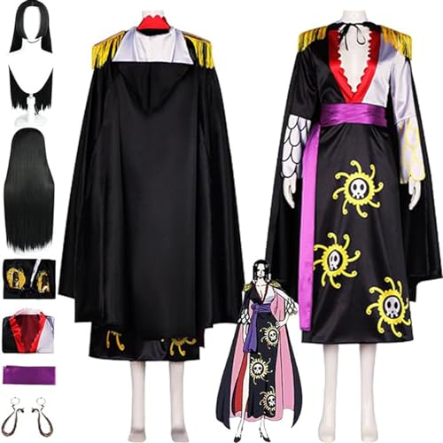 NIKKHO Anime Einteiler Boa Hancock Cosplay Uniform Kleider, Halloween Karneval Party Uniform, mit Perücke Ohrringen, Anzug für Frauen Mädchen,Schwarz,L