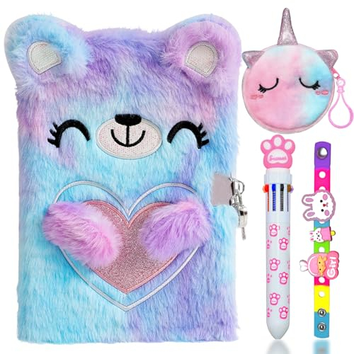PESLNG Secret Diary for Girls with Lock, Cartoon Bear Plush Diary Size with Padlock, Girls Journal Set with Multicolor Pen/Coin Pocket/Bracelets