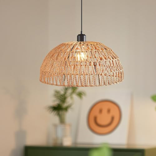 zhxinashu Lampara Techo Ratan Ø30cm, Lampara Techo Dormitorio, Pantalla de Mimbre, Boho E27 Plafon Techo Vintage para Cocina Salón Comedor (Marrón)