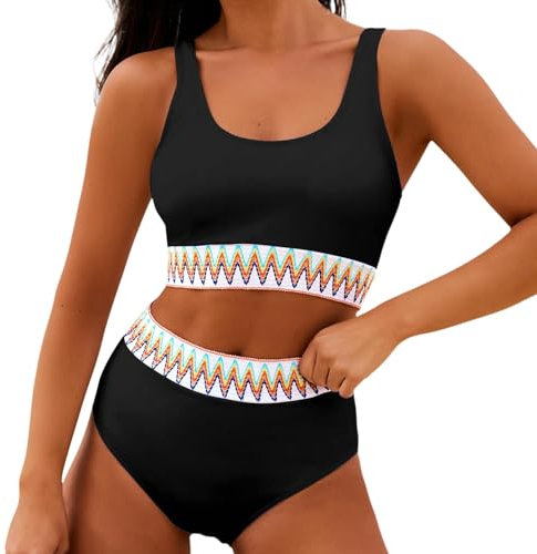 FeiliandaJJ High Waist Bikini Damen Set, U Ausschnitt Push Up Badeanzug Bauchweg, Zweiteiliger Sporty Bikini Bauchkontrolle Badeanzüge Boho Swimsuit Beachwear Verstellbar