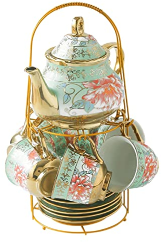 Duiaynke Teeservice aus Porzellan, Keramik, für 6 Personen, schöne Muster, Fassungsvermögen: 180 ml, Teekanne, 700 ml, Grün