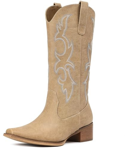Choiran Tan Cowboy Boots for Women - Embroidered Cowgirl Boots Western Mid Calf Chunky Heel Pointed Toe Country Boot 8