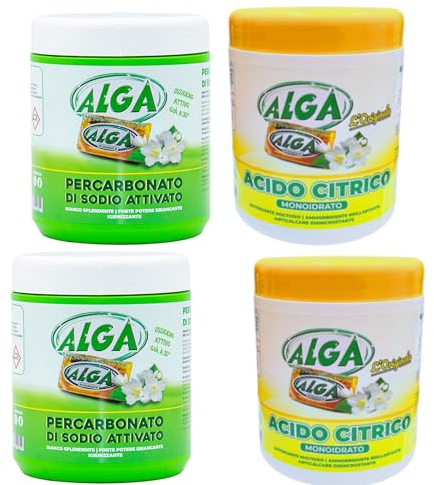 ALGA BIO KIT Acido Citrico e Percarbonato di Sodio (2+2) - Azione Sbiancante, Smacchiante, Igienizzante, ammorbidente anticalcare e disincrostante, per bucato e pulizie in casa - 4 pezzi
