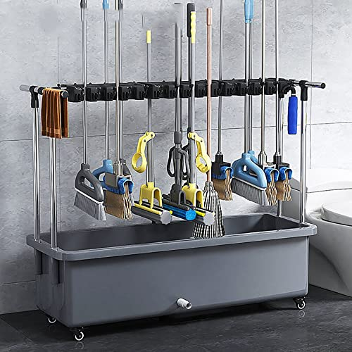 Soporte para fregona de escoba Fregadero de fregona de acero inoxidable para montaje en suelo, organizador de suministros de limpieza, estante de almacenamiento de garaje, organizador de esc