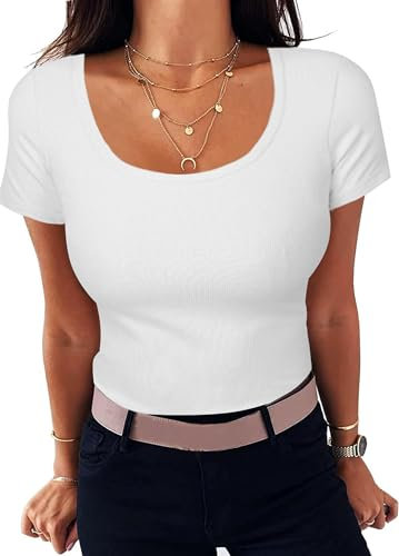 Aottori T-Shirt Donna Estivo Manica Corta Maglietta a Coste con Girocollo Basic Shirt Aderente Elasticizzato Top Sexy Bianco L