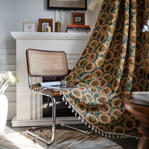 Freyamy Vorhänge 2er Set Bunt Jacquard Vintage Vorhang mit Quasten Durchscheinend Chic Gardinen Polyester Fransen Schiebevorhänge Blickdich Fensterdekoration Verdunkelungsgardine (B150xH260)