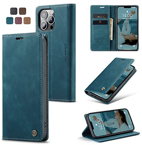 owlhold Handyhülle für iPhone 13 Pro Hülle, Premium Lederhülle Weiches Vintage-Nubukleder Faltbare Ständer Klapphülle Kartenfach Standfunktion stoßfest Schutzhülle für iPhone 13 Pro -Blaugrün