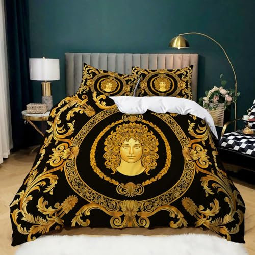 Gold Bettbezug Barocker Medusenkopf Bedruckter Bettbezug Für Paar Teen Weiche Tagesdeck 200 x 200 cm Bettwäsche-Set mit 2 Kissenbezug 80 x 80 cm