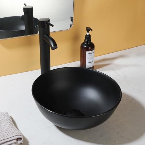 GLOBAOSALU Black Round Vessel Sink, 13 inch Matte Black, Above Counter, Resin Bowl, Easy to Clean, Small Bathroom Sink