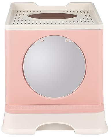 Maison de Toilette pour Chat,Bac à litière pour Chat Maison de Toilette fermé Pliable Double Porte battante et supérieure + Pelle + tiroir à litière Nettoyage Facile-48 * 39 * 34cm-PP-Rose